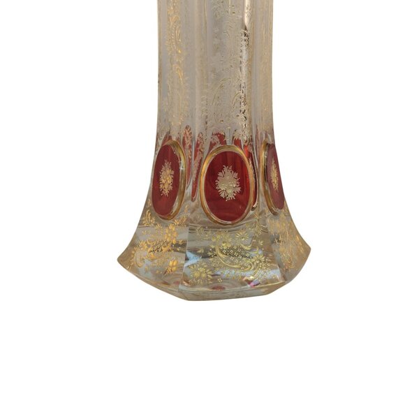 Antique Bohemian Crystal Bud Vase Clear Red Gold Etched Floral Design 9.75" Tall - Picture 11 of 13